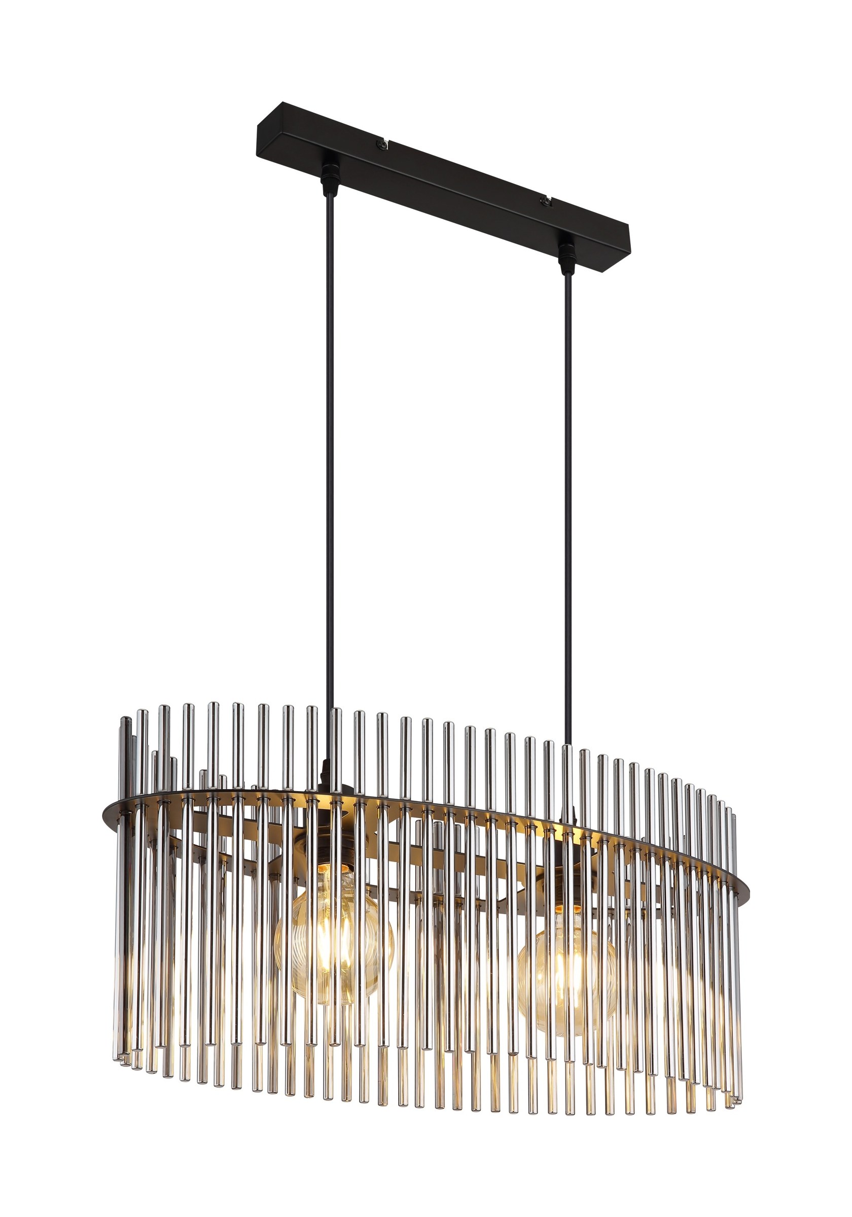 Suspension tambour barreaux de verre, rond ou ovale suspension tambour barreaux de verre 2 lumières ovale 60 cm, verre fumé et métal noir mat, sur fond blanc