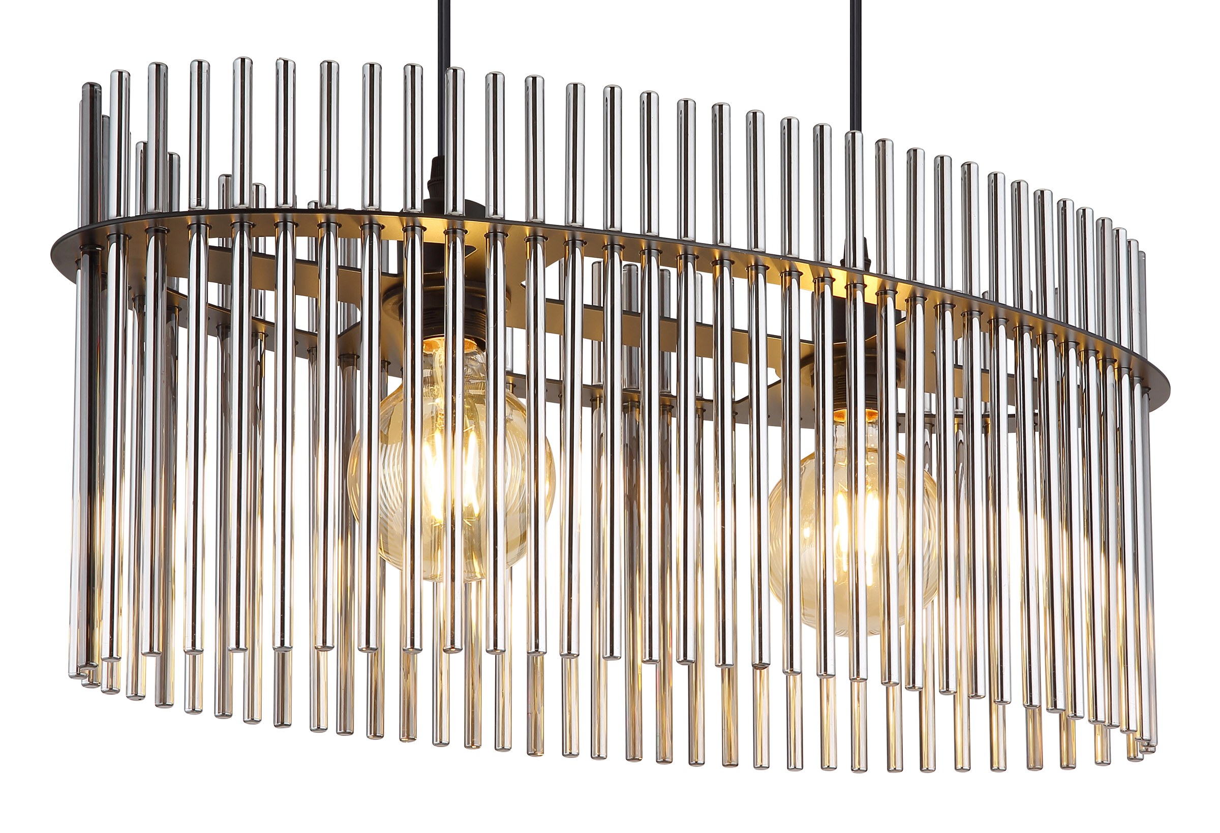 Suspension tambour barreaux de verre, rond ou ovale suspension tambour barreaux de verre, gros plan sur la version ovale à 2 lumières en verre fumé