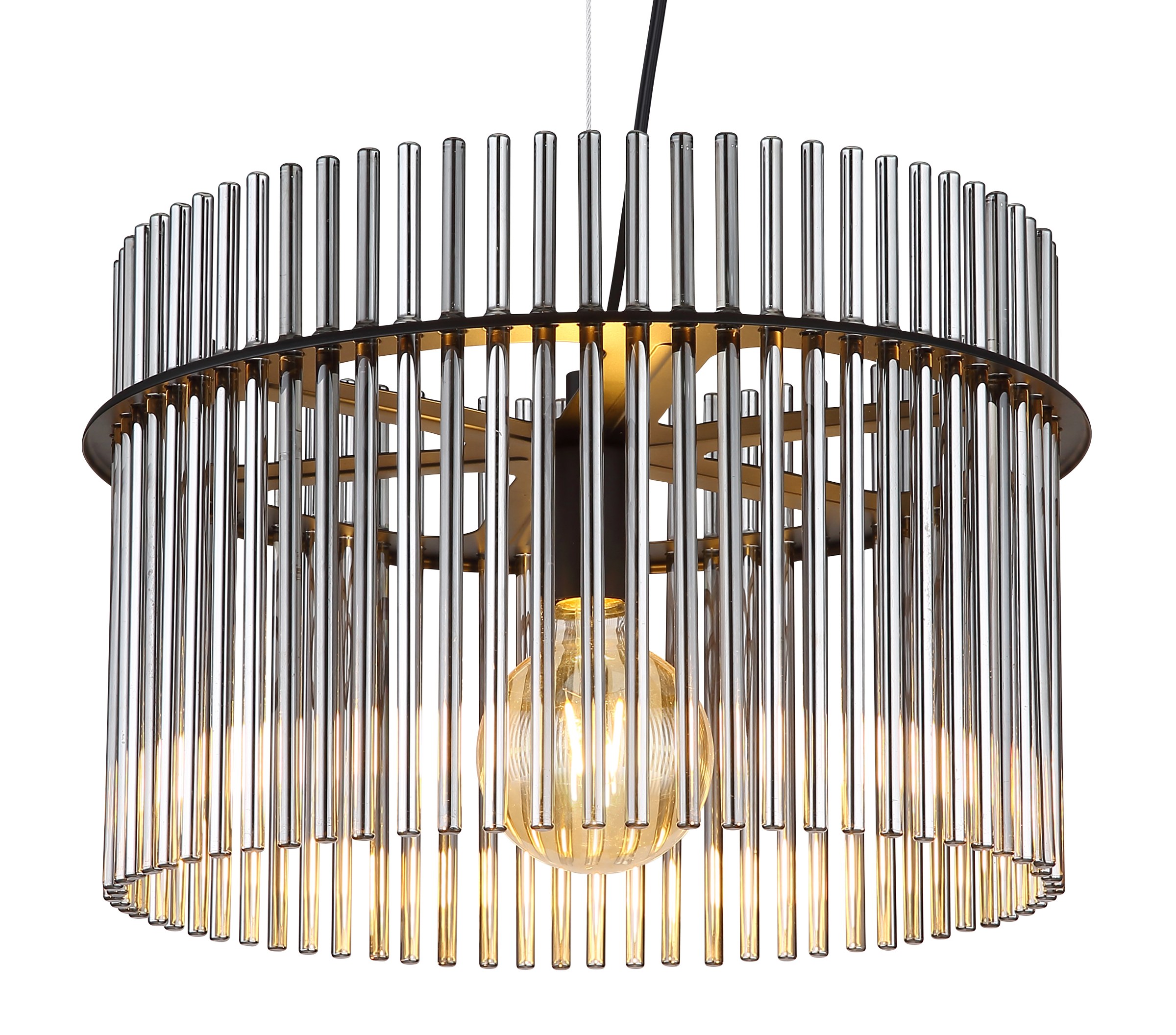 Suspension tambour barreaux de verre, rond ou ovale suspension tambour barreaux de verre, gros plan sur le tambour en barreaux de verre fumé