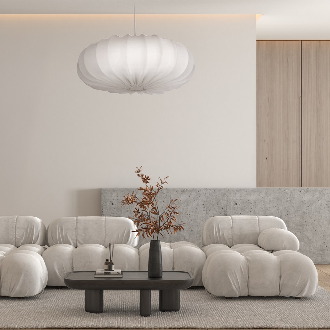 Suspension tissu crème ou moka, abat-jour lanterne, Ø 52 ou 66 cm suspension tissu crème creme dans un salon aux canapes blancs