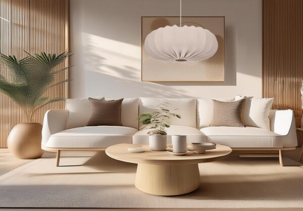 suspension tissu japandi plissé beige dans un salon clair avec canapé blanc