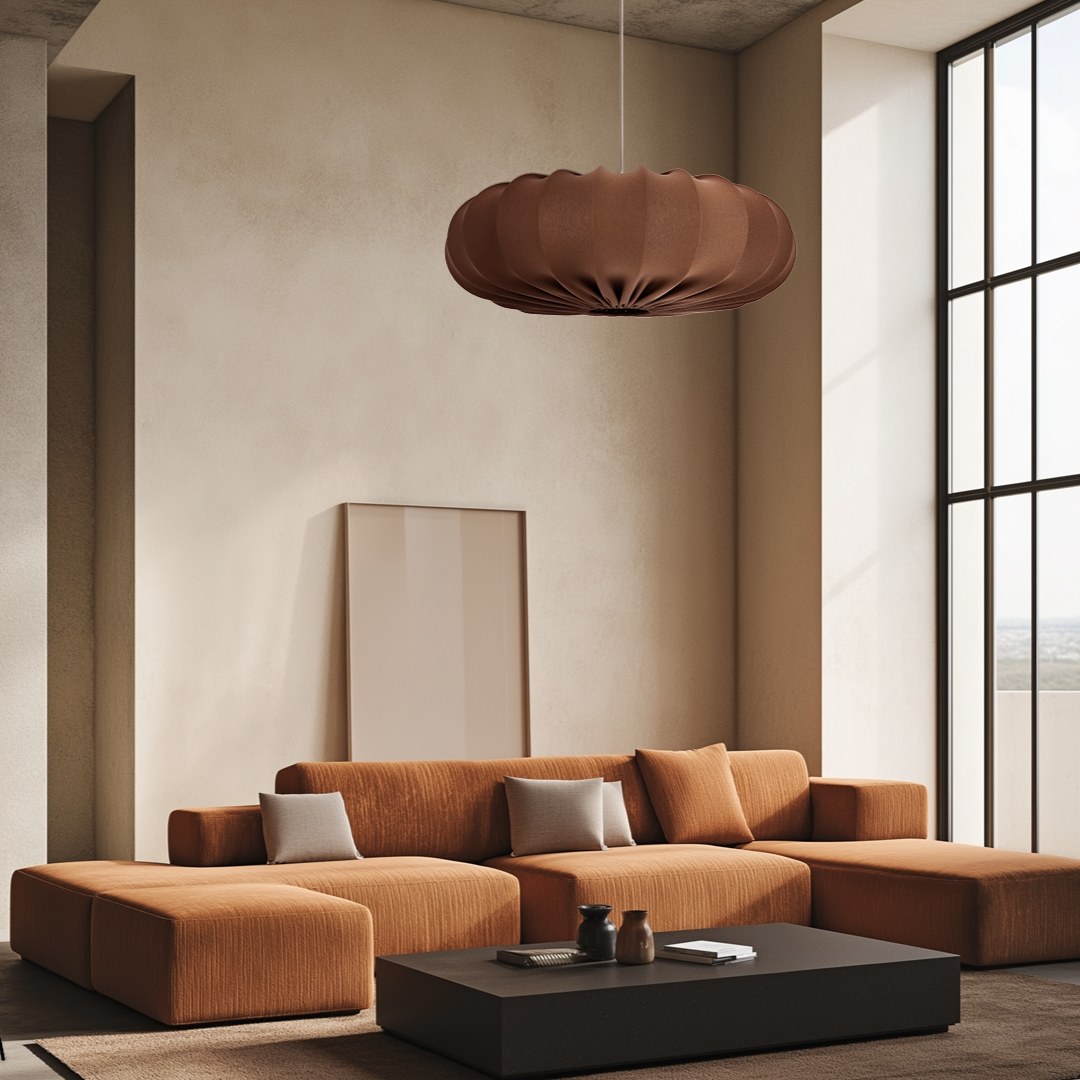 Suspension tissu japandi plissé beige ou marron, Ø 66 cm suspension tissu japandi plissé marron moka dans un salon avec canapé terracotta