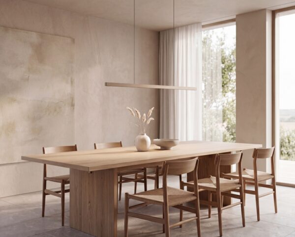 suspension Tratto 118 LED latte au-dessus d'une table en bois