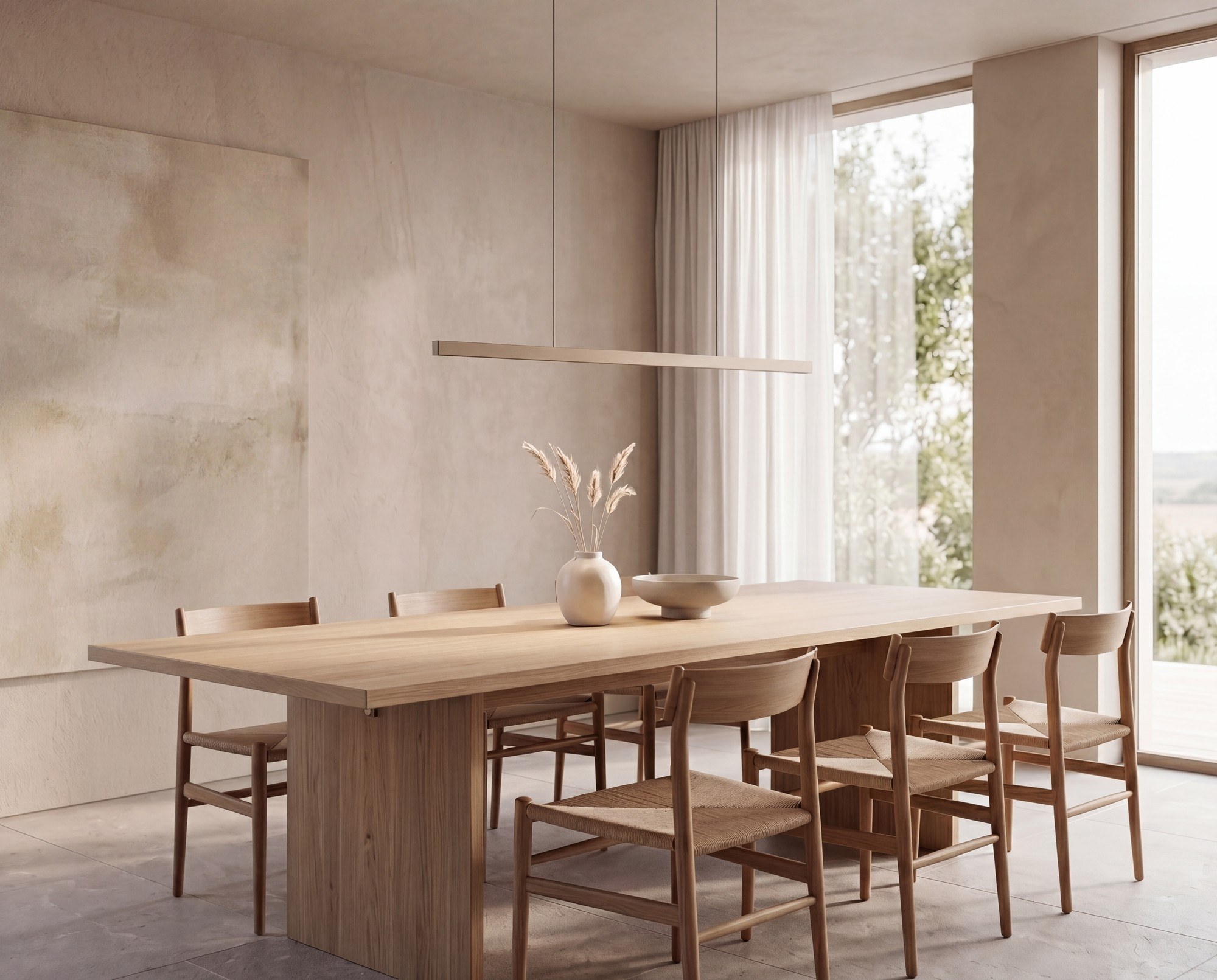 suspension Tratto 118 LED latte au-dessus d'une table en bois
