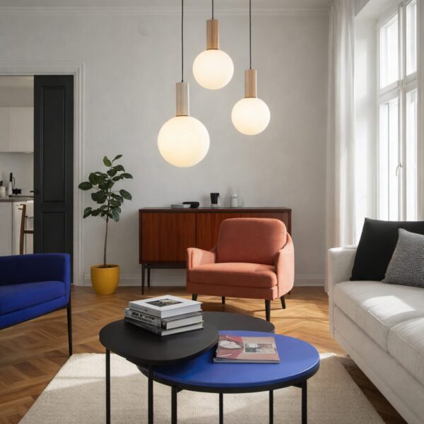 suspension trois globes opale dans un salon aux murs clairs