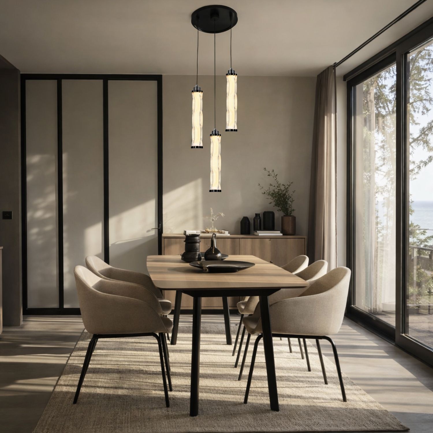 Suspension trois tubes LED en verre ondulé, platine noire, 25 W suspension trois tubes LED au dessus d une table à manger