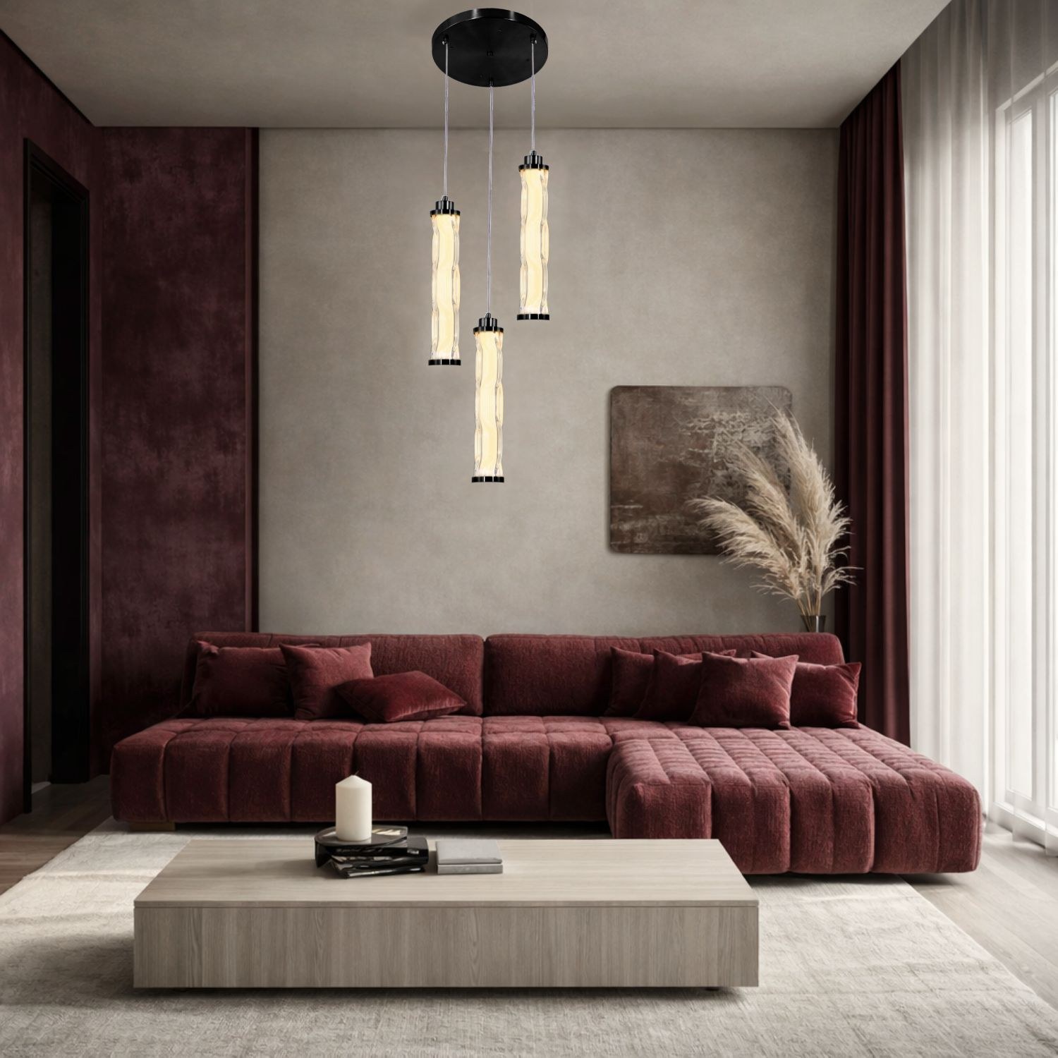 Suspension trois tubes LED en verre ondulé, platine noire, 25 W suspension trois tubes LED dans un salon aux murs clairs