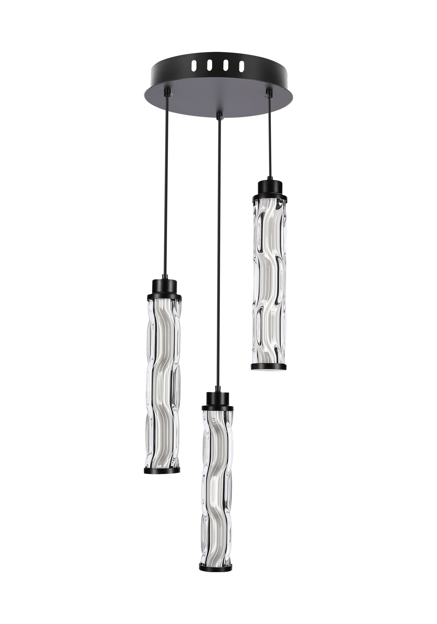 Suspension trois tubes LED en verre ondulé, platine noire, 25 W suspension trois tubes LED trois tubes sur fond blanc