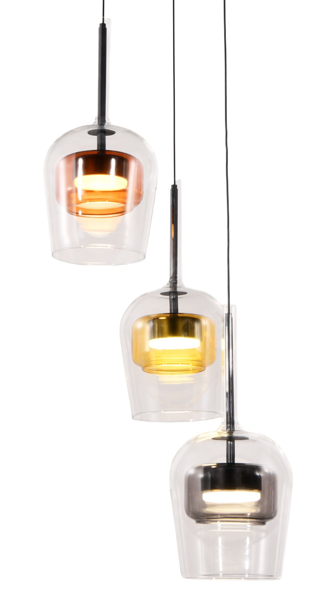 Suspension trois verres colorés sur platine ronde noire, 3 x GX53 suspension trois verres colorés detail des trois cloches
