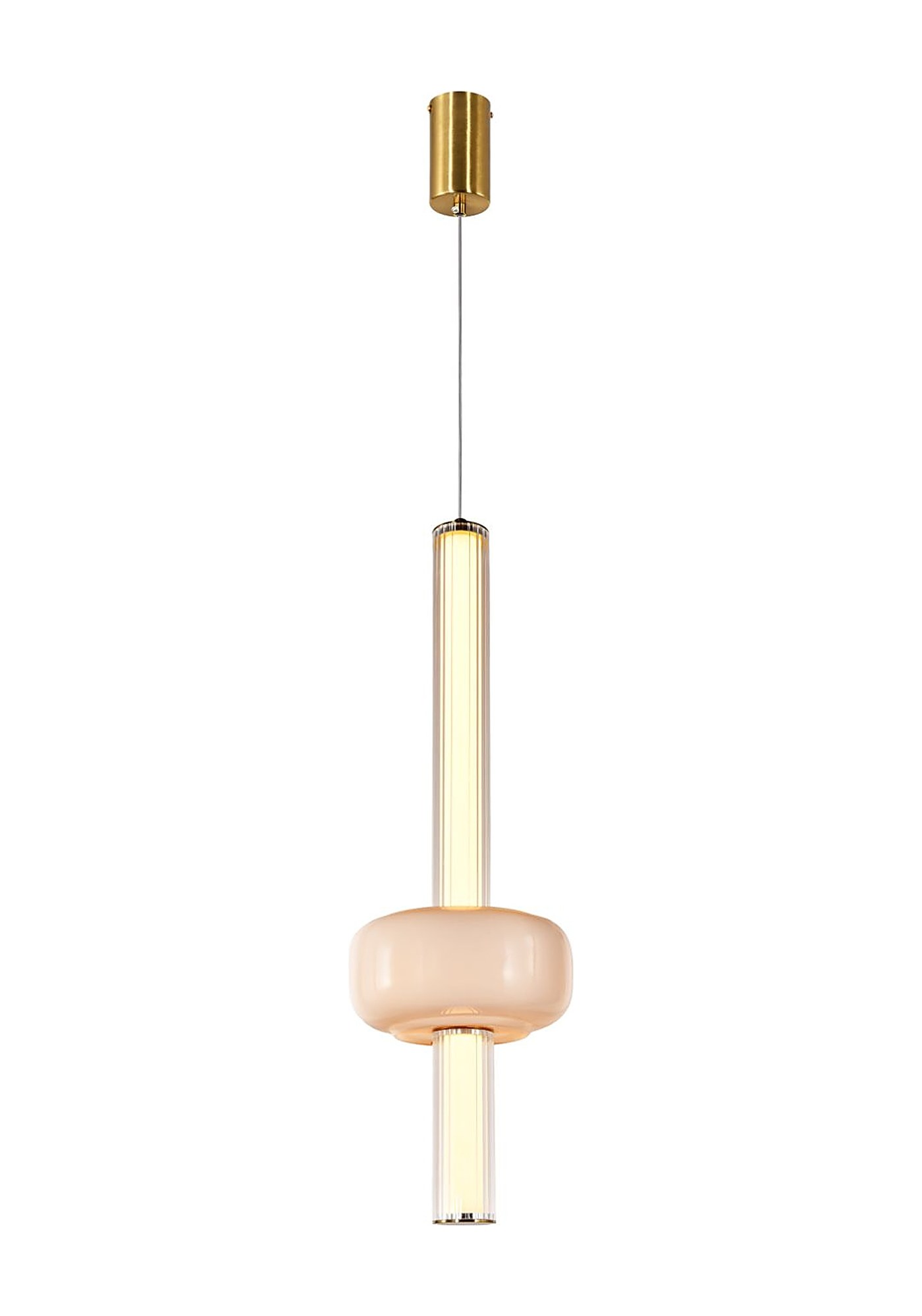 Suspension tube de verre cannelé et disque blanc, laiton, LED 15 W suspension tube de verre cannelé version disque en bas sur fond blanc