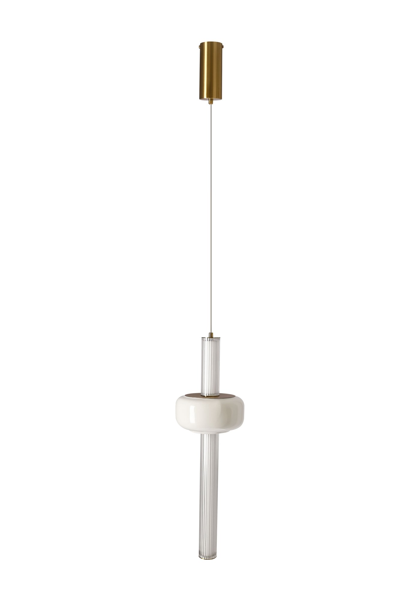 Suspension tube de verre cannelé et disque blanc, laiton, LED 15 W suspension tube de verre cannelé version disque en haut sur fond blanc