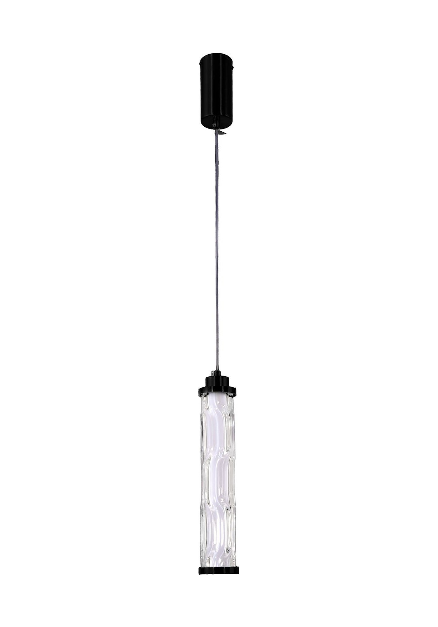 Suspension tube en verre ondulé et métal noir, LED, 2 puissances suspension tube en verre ondulé 10 W un segment sur fond blanc