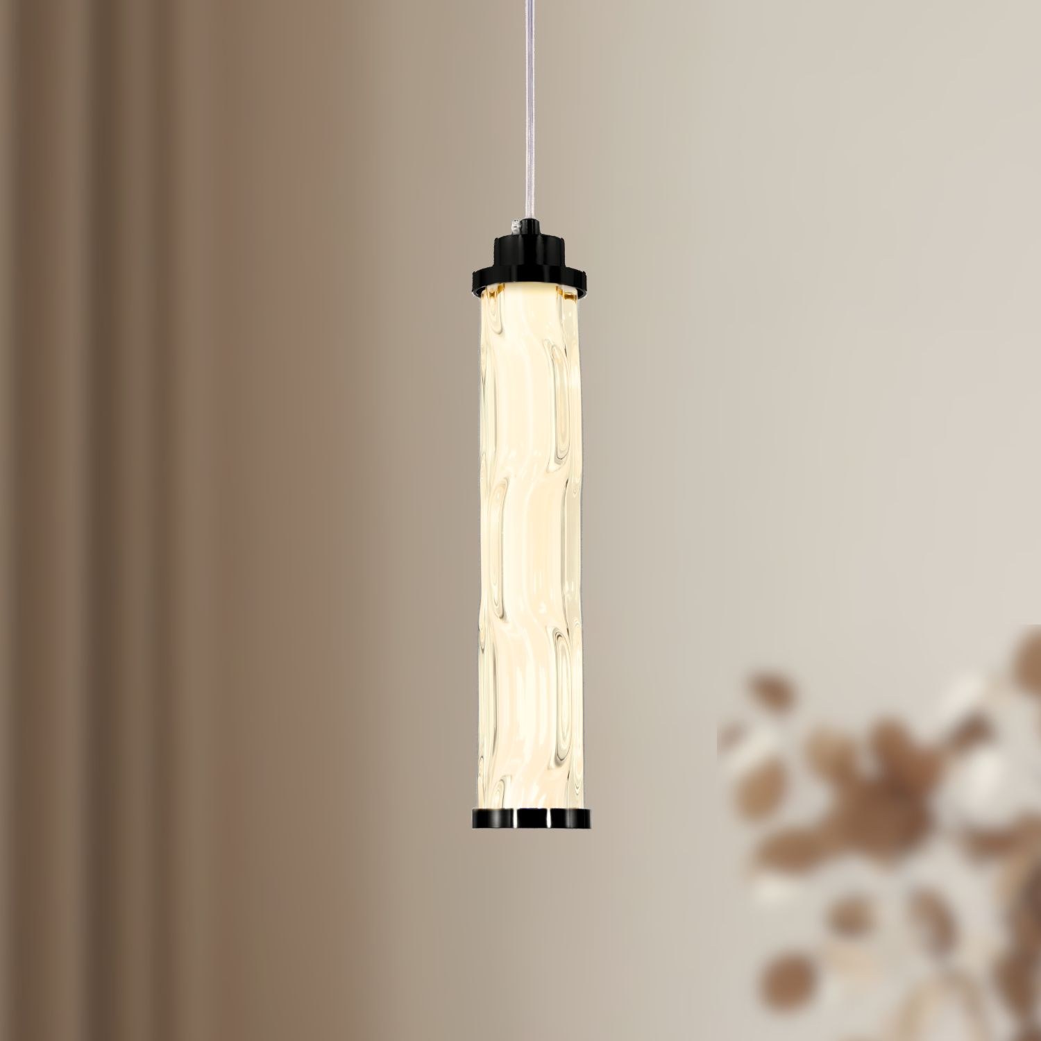 Suspension tube en verre ondulé et métal noir, LED, 2 puissances suspension tube en verre ondulé 10 W vue rapprochée du tube