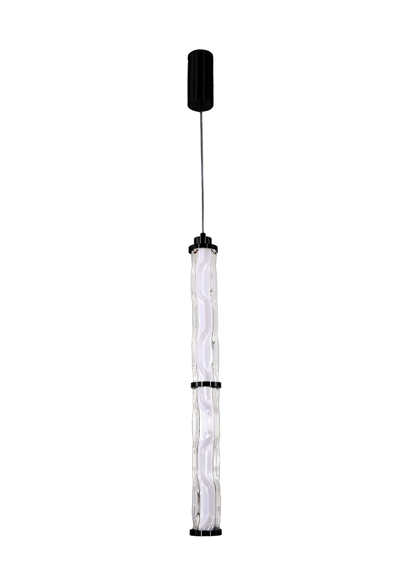 Suspension tube en verre ondulé et métal noir, LED, 2 puissances suspension tube en verre ondulé 18 W deux segments sur fond blanc