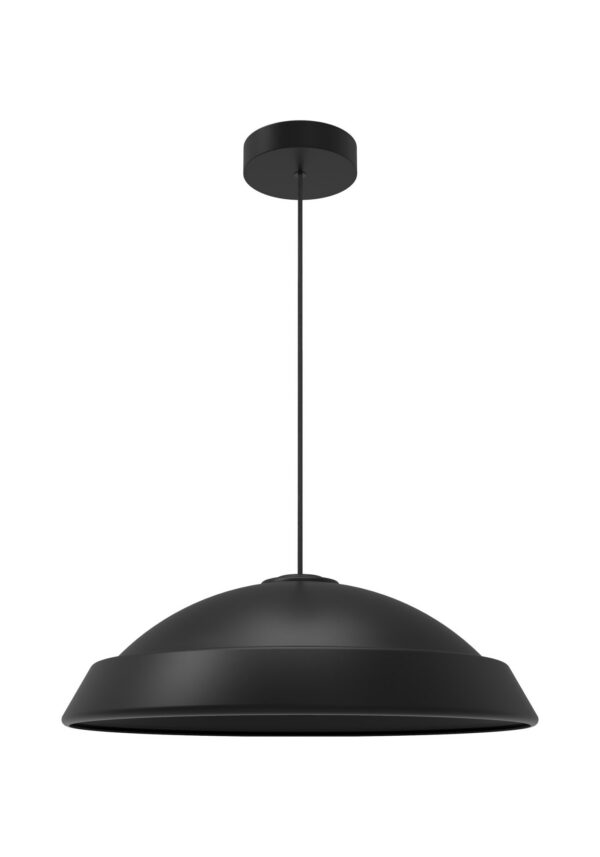 suspension Vega avec abat-jour évasé en métal noir mat et câble textile, vue de face