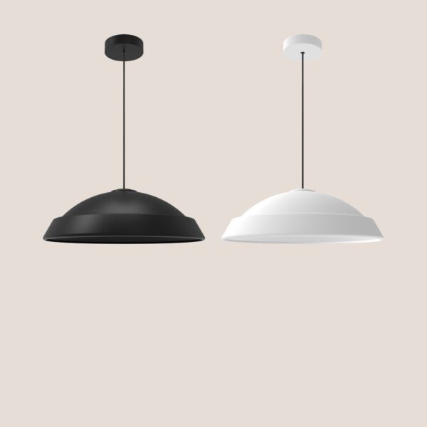 suspension Vega en noir mat et en blanc mat côte à côte sur fond beige