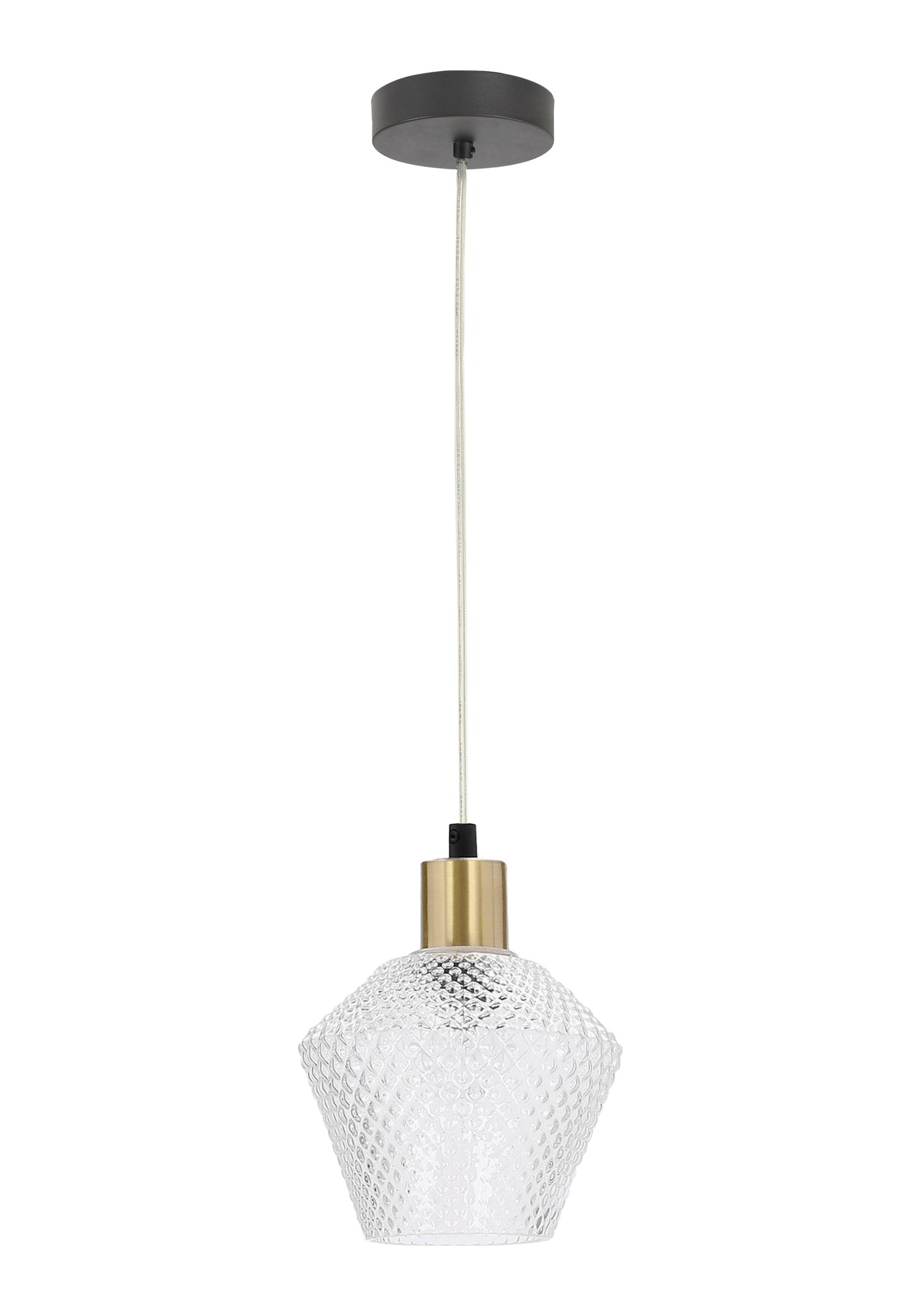 Suspension en verre transparent à losanges et douille laiton, E14 suspension verre à losanges 1 lumière, fond blanc