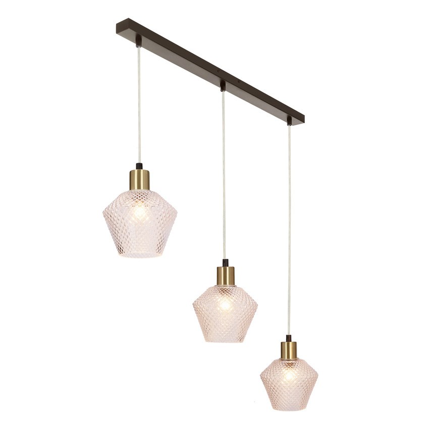 Suspension en verre transparent à losanges et douille laiton, E14 suspension verre à losanges 3 lumières sur barre en vue inclinée