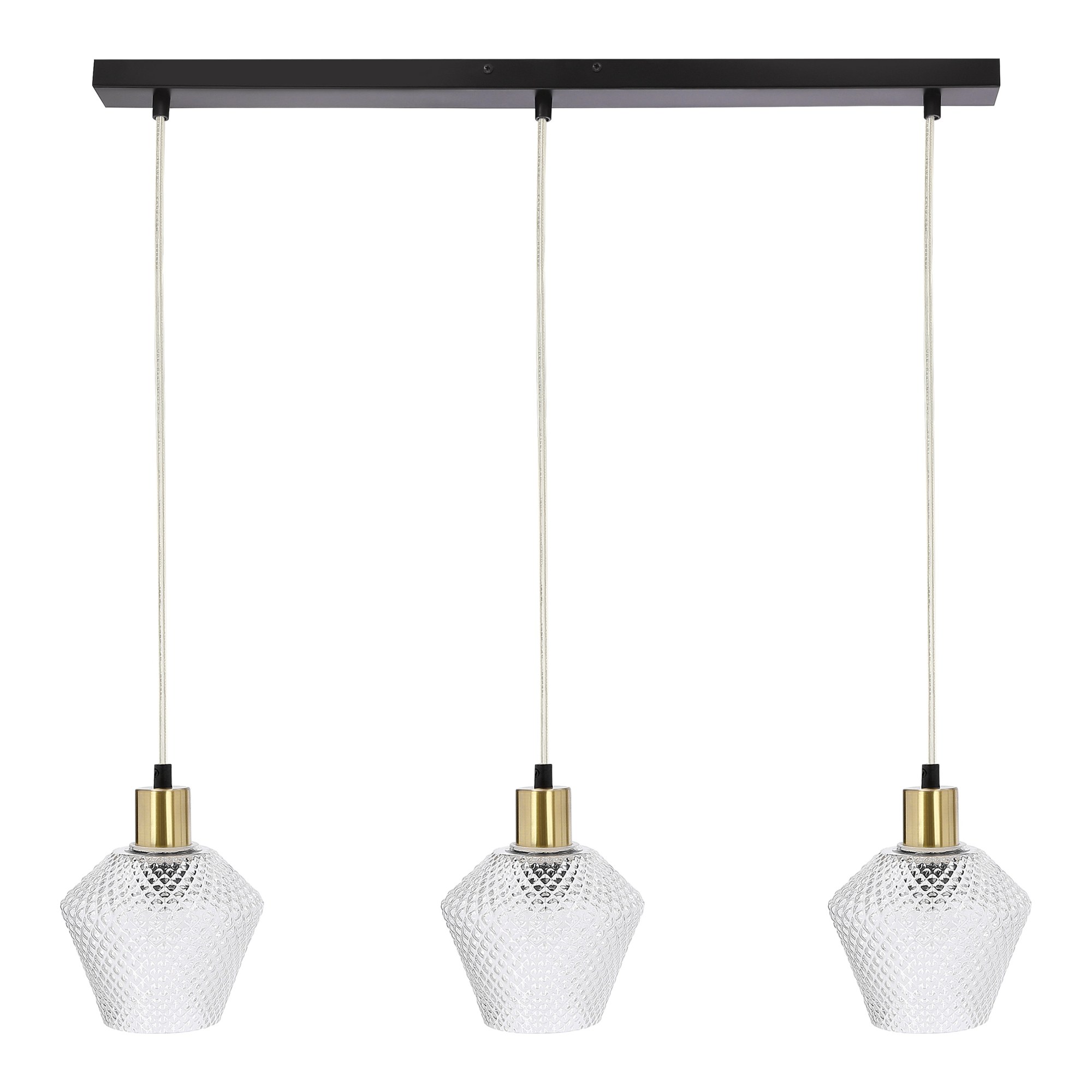 Suspension en verre transparent à losanges et douille laiton, E14 suspension verre à losanges 3 lumières sur barre, fond blanc