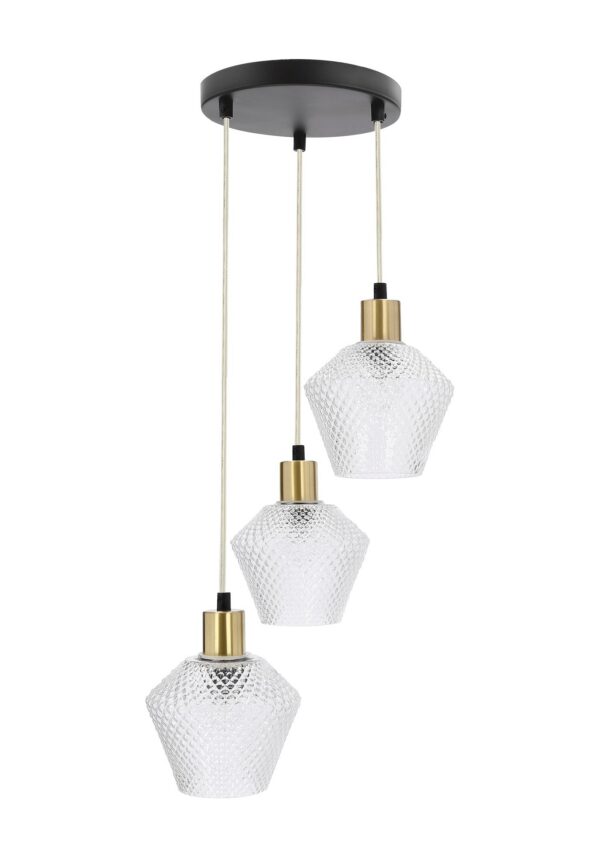 suspension verre à losanges 3 lumières sur platine ronde, fond blanc