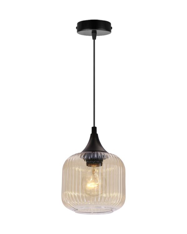 suspension verre ambré cannelé 1 lumiere noire sur fond blanc