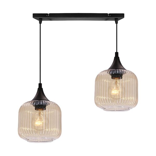 suspension verre ambré cannelé 2 lumieres sur barre noire, fond blanc