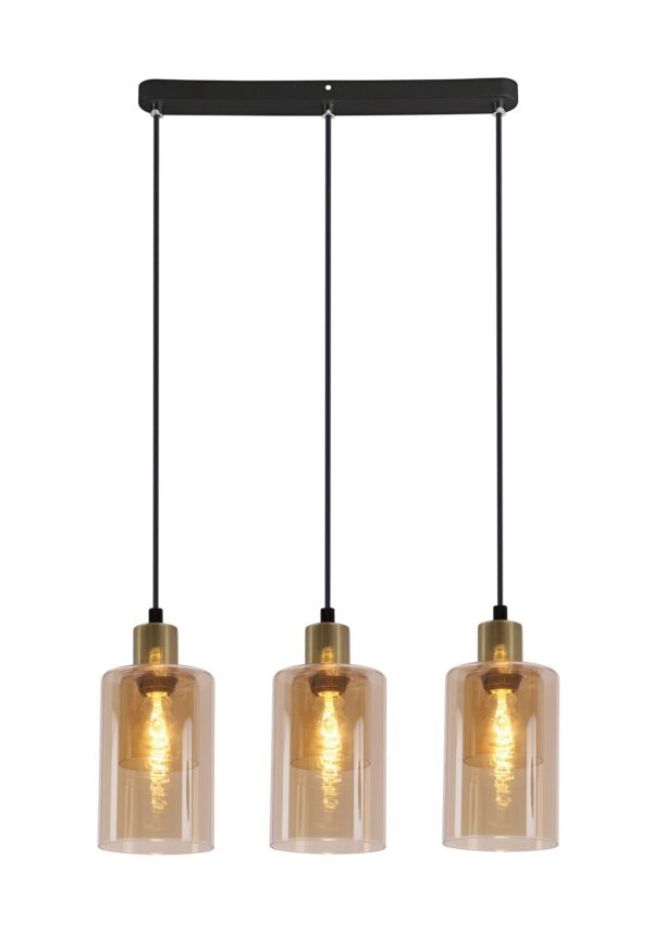 suspension verre ambré collerette laiton trois verres sur barre sur fond blanc
