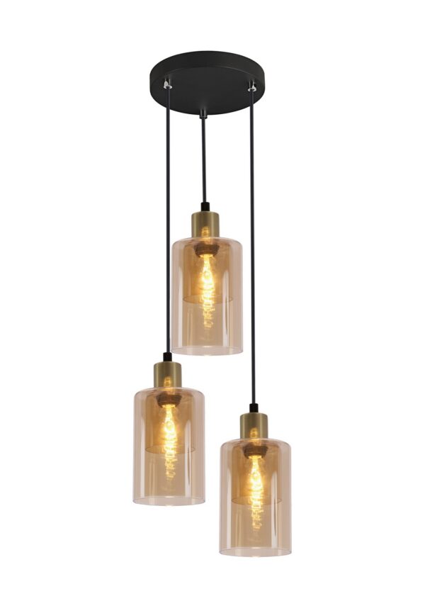 suspension verre ambré collerette laiton trois verres sur platine ronde sur fond blanc