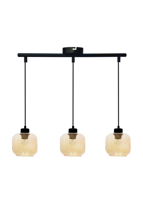 suspension verre ambré ondulé trois lumieres sur fond blanc
