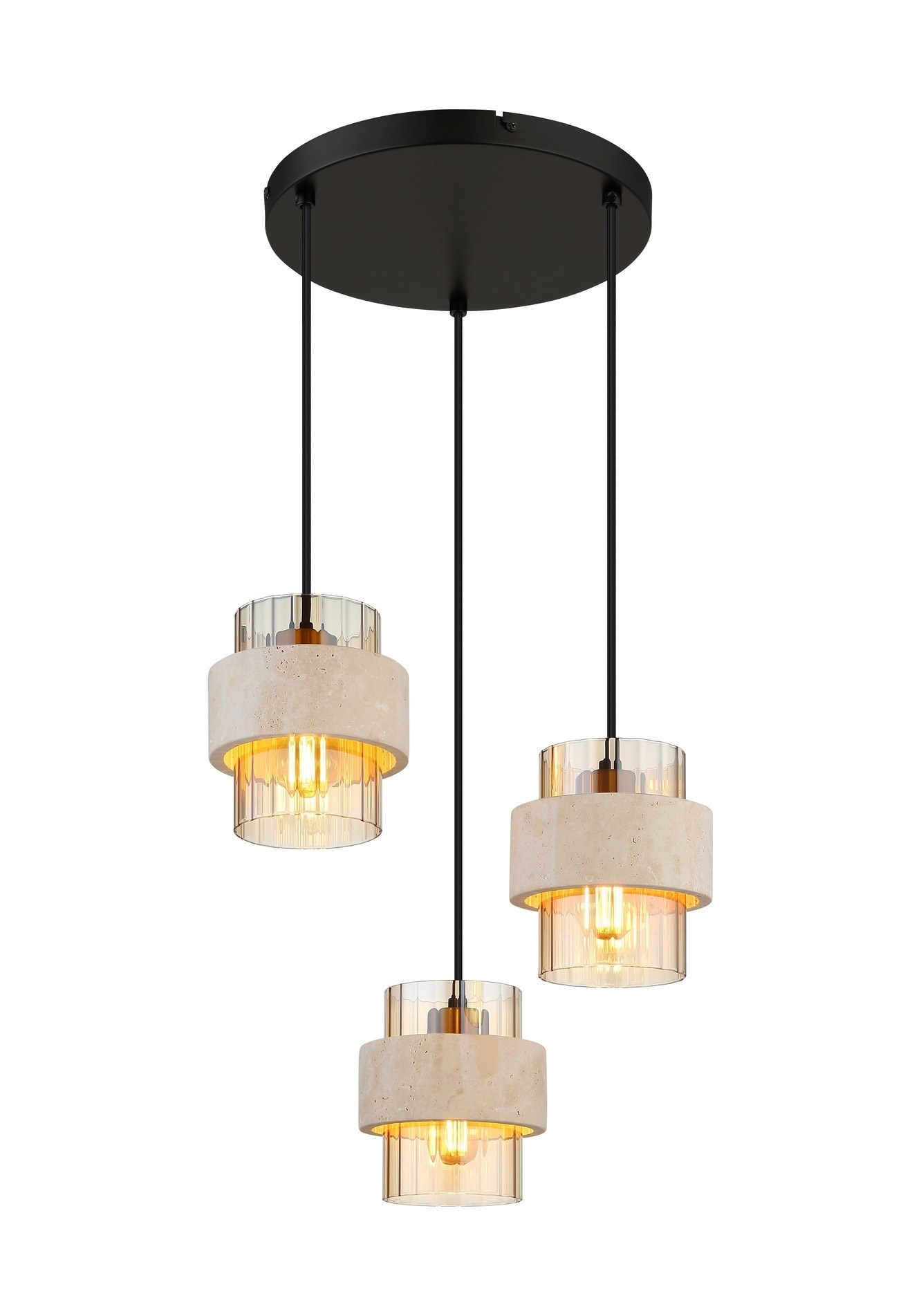 Suspension verre ambre travertin, 3 ou 4 lumières suspension verre ambre travertin 3 lumières en cercle, abat-jours rainurés et anneaux de pierre sur fond blanc