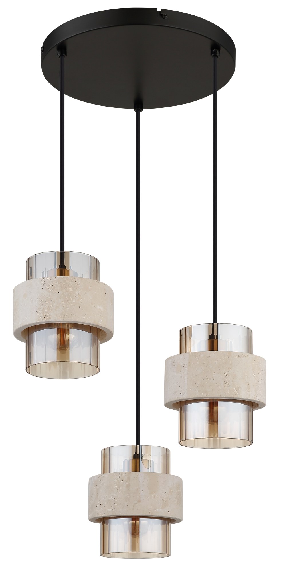 Suspension verre ambre travertin, 3 ou 4 lumières suspension verre ambre travertin 3 lumières éteinte, verre ambré et pierre naturelle sur fond blanc