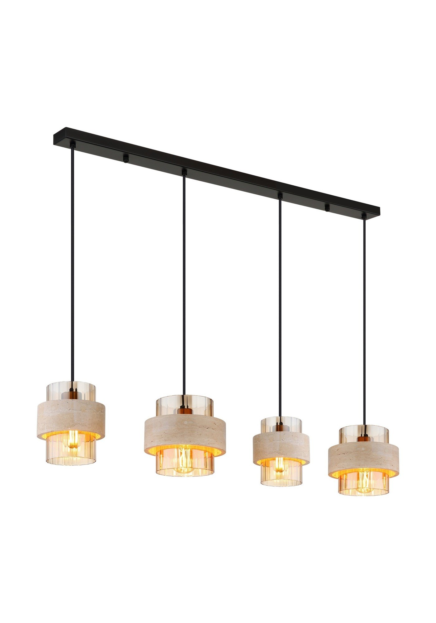 Suspension verre ambre travertin, 3 ou 4 lumières suspension verre ambre travertin 4 lumières sur barre droite, abat-jours en verre ambré sur fond blanc