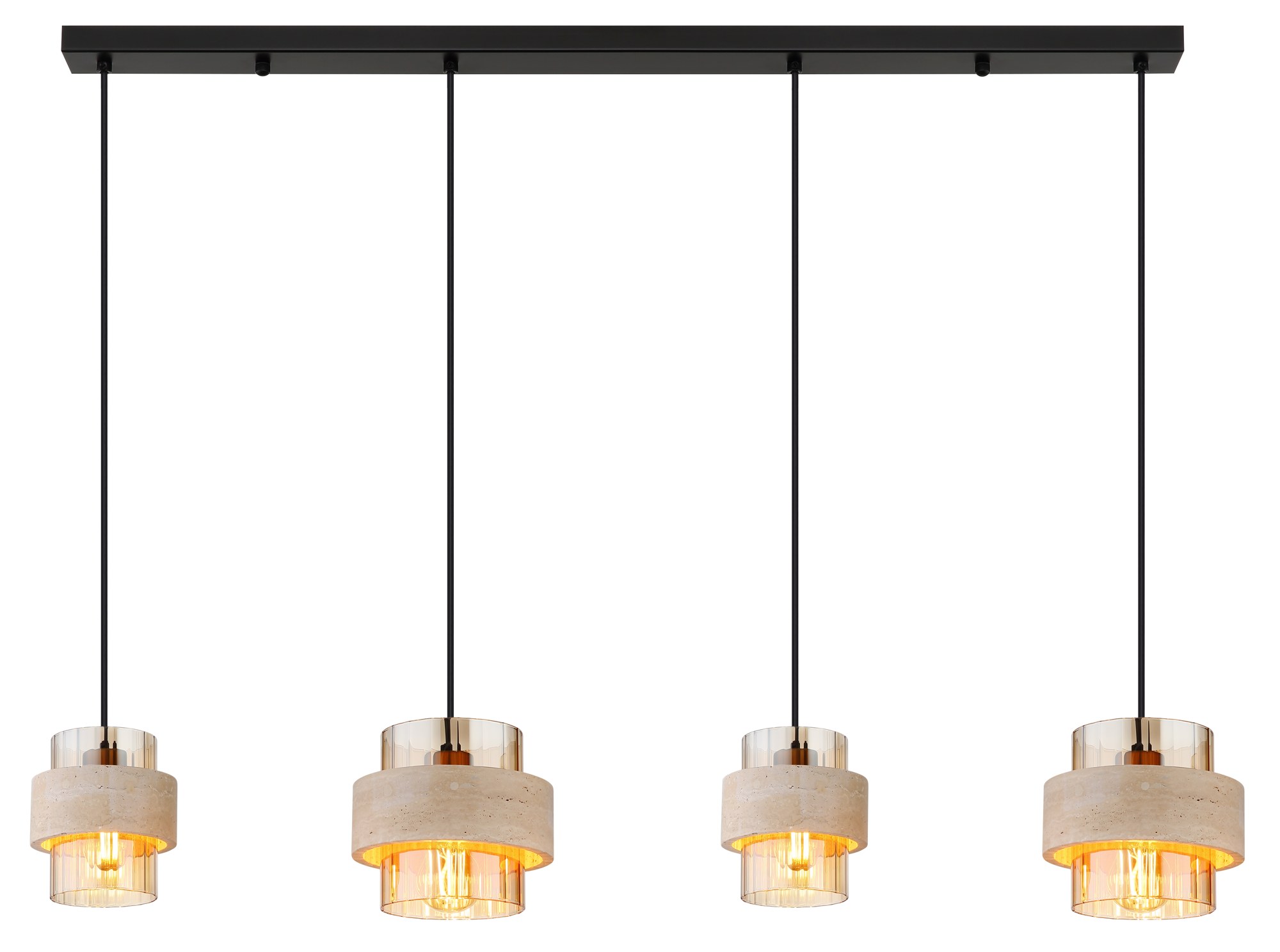Suspension verre ambre travertin, 3 ou 4 lumières suspension verre ambre travertin 4 lumières, vue de face sur fond blanc