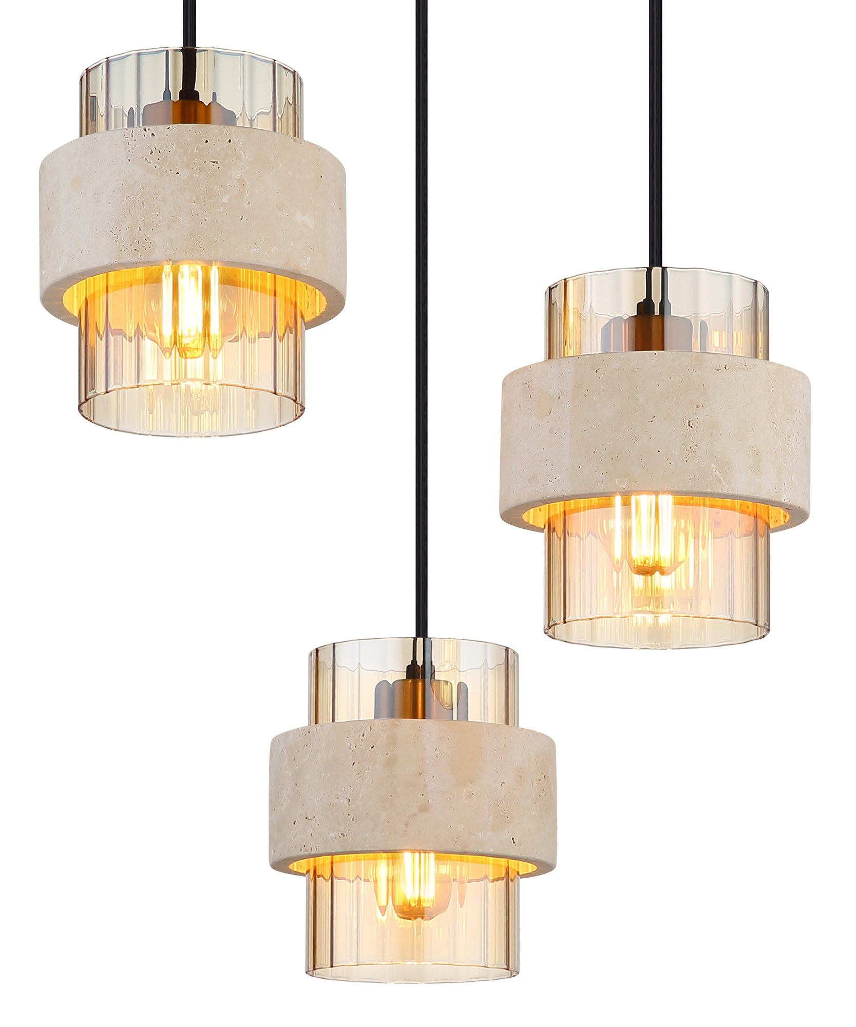 Suspension verre ambre travertin, 3 ou 4 lumières suspension verre ambre travertin, gros plan sur les anneaux de pierre naturelle et le verre rainuré
