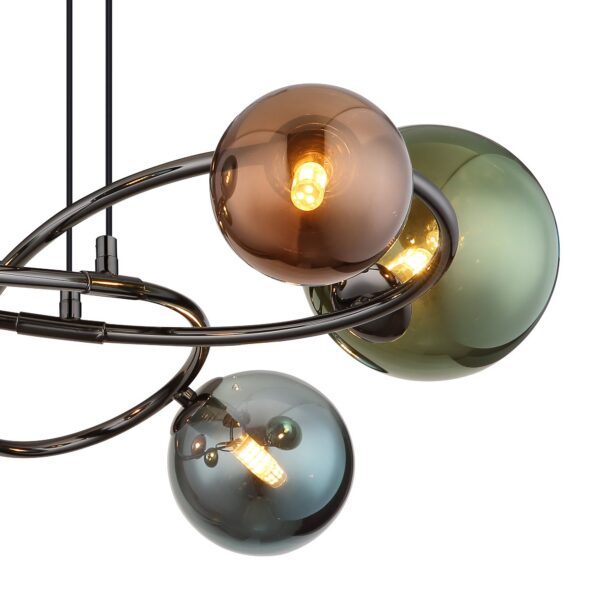 Lampe en verre : luminaires en verre soufflé, opalin et fumé suspension verre bronze vert pétrole gros plan sur les sphères colorées et les arceaux
