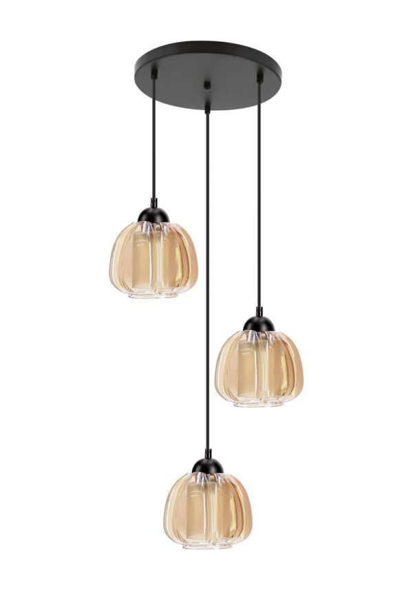suspension verre côtelé 3 lumières verre ambré sur platine ronde, fond blanc