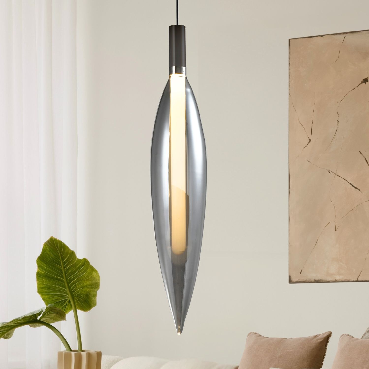 Suspension en verre effilé, doré ou transparent, G9, 170 cm suspension verre effilé transparente en gros plan
