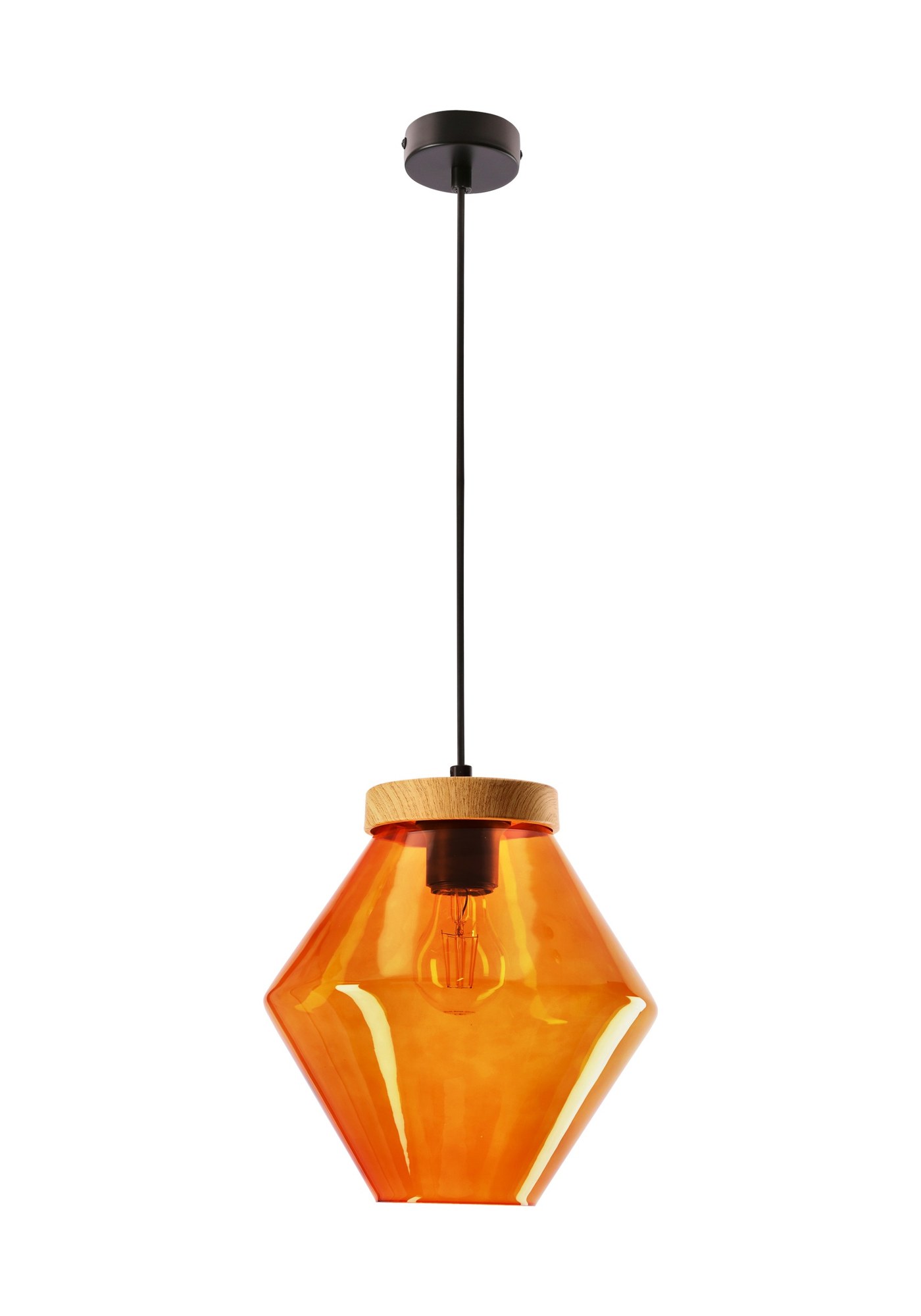 Suspension en verre facetté orange ou vert, bague d'aspect bois, E27 suspension verre facetté orange sur fond blanc