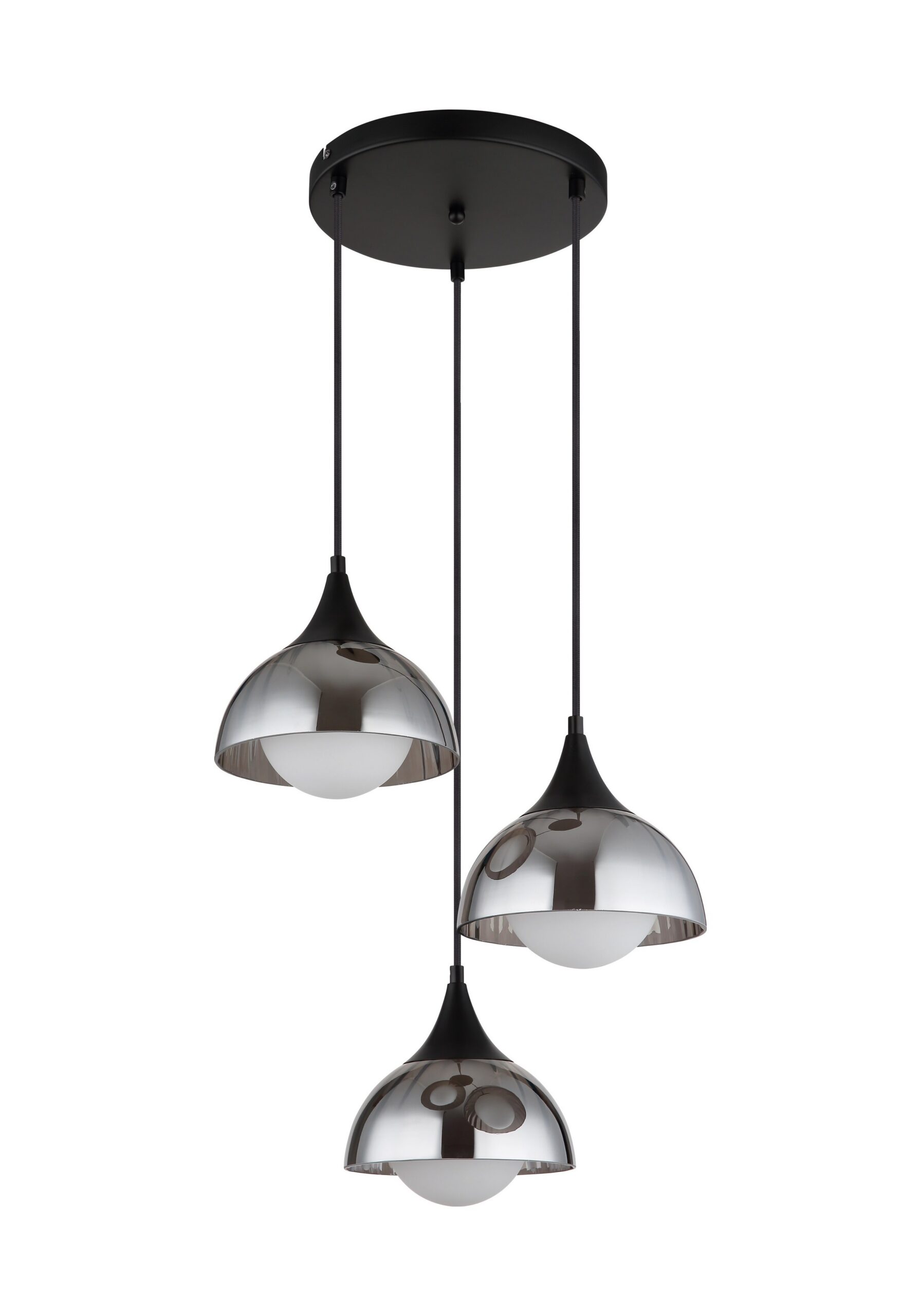 Suspension verre fumé 3 lumières, métal noir et boules opale suspension verre fumé 3 lumières, 3 abat-jours dômes en verre fumé et platine ronde noire, sur fond blanc