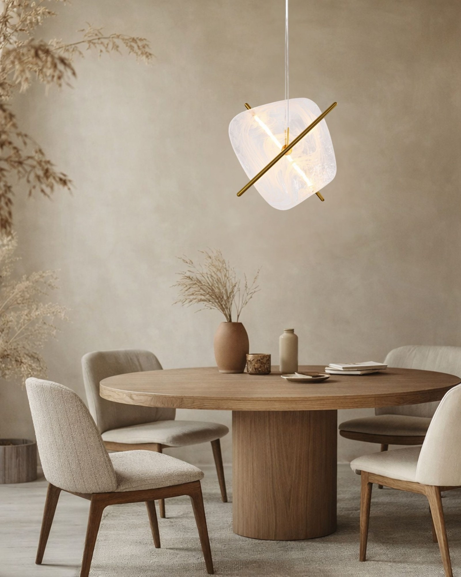 Suspension LED verre marbré blanc et barre laiton, ronde ou carrée suspension verre marbré blanc forme carrée au dessus d une table en bois