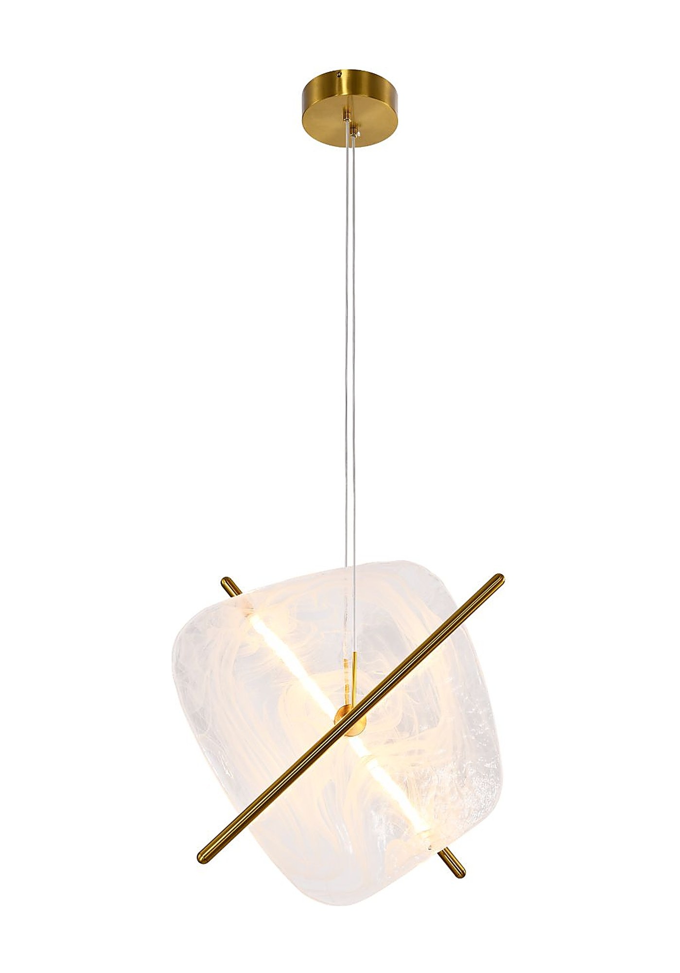Suspension LED verre marbré blanc et barre laiton, ronde ou carrée suspension verre marbré blanc forme carrée sur fond blanc