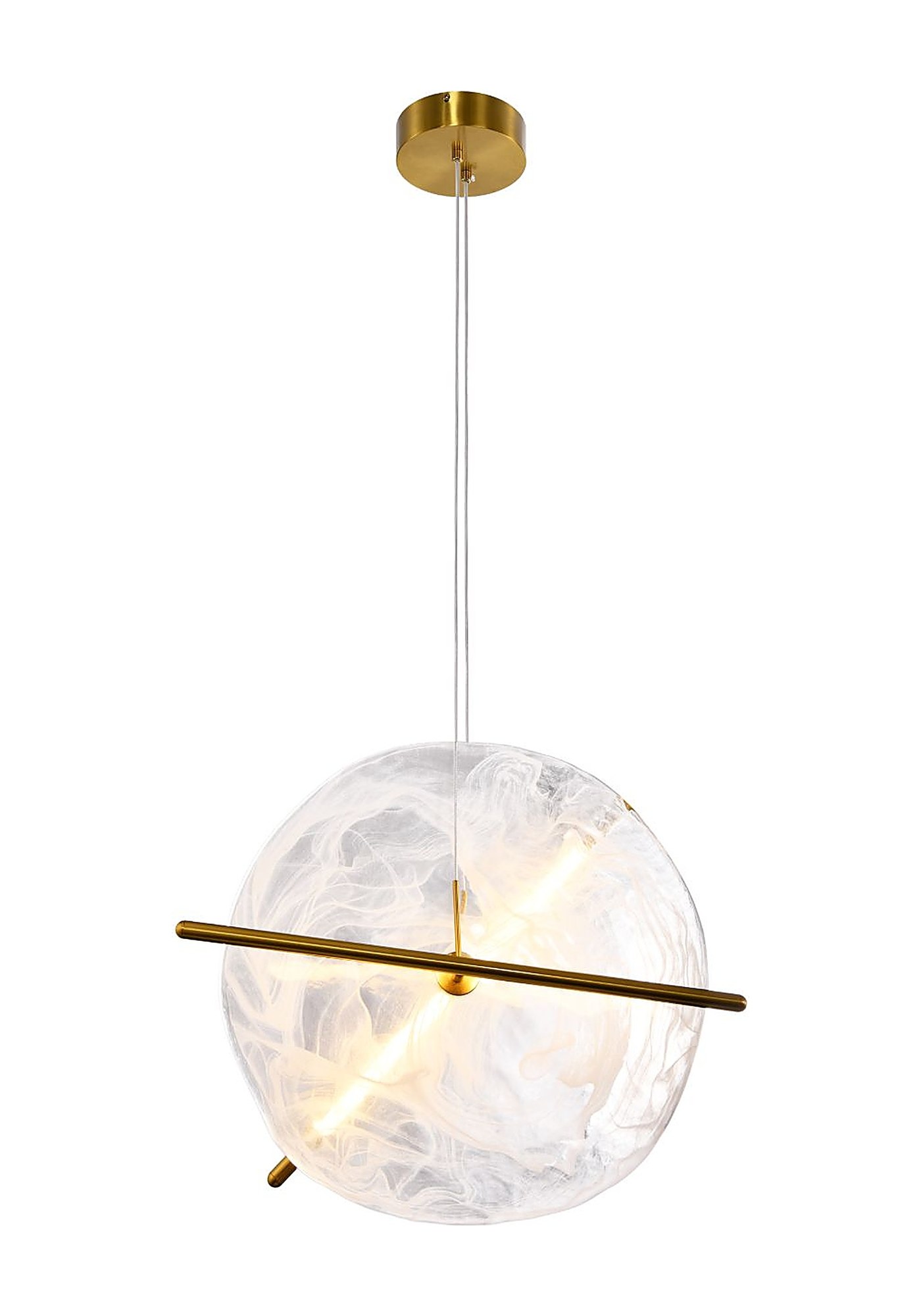 Suspension LED verre marbré blanc et barre laiton, ronde ou carrée suspension verre marbré blanc forme ronde sur fond blanc