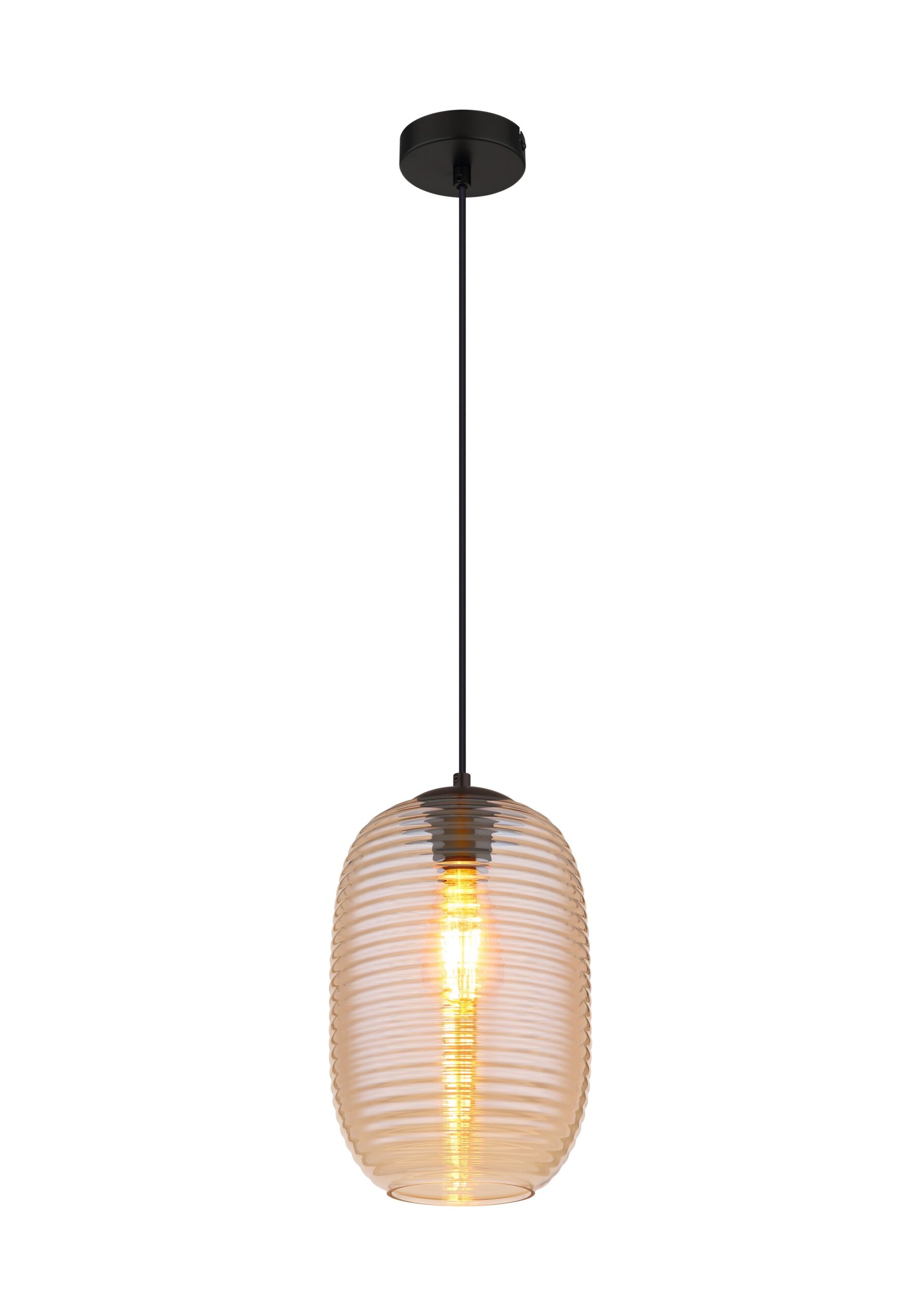 Suspension verre rainuré ambre ou fumé, 1, 3 ou 4 lumières suspension verre rainuré 1 lumière, abat-jour en verre ambre et rosace noire, sur fond blanc