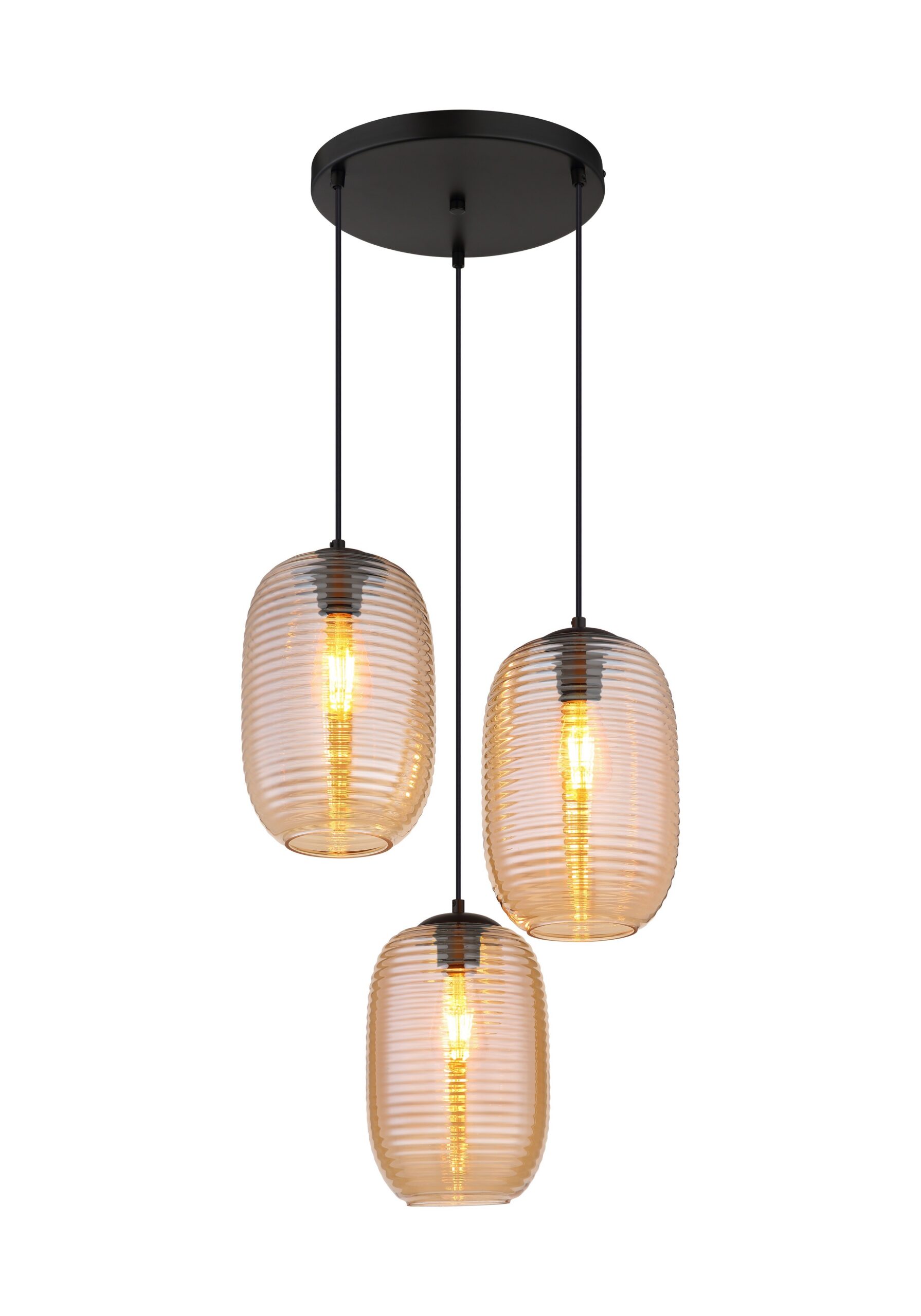 Suspension verre rainuré ambre ou fumé, 1, 3 ou 4 lumières suspension verre rainuré 3 lumières en cercle, verre ambre et platine noire, sur fond blanc