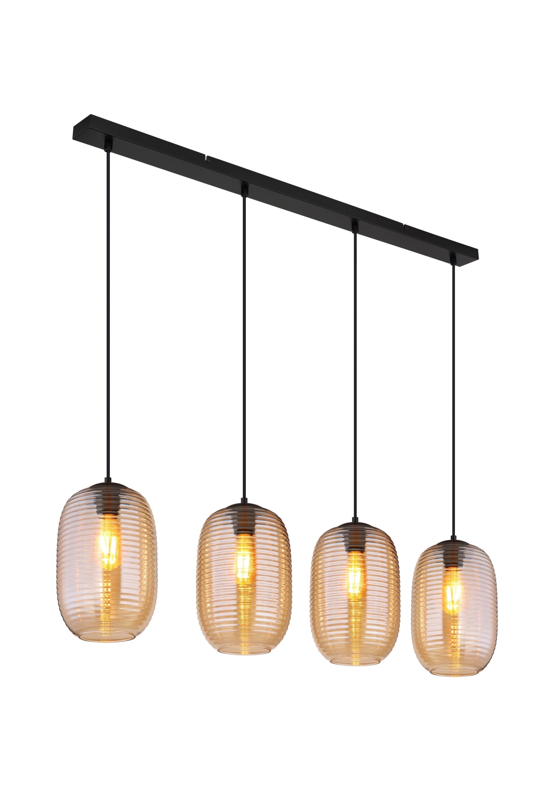 Suspension verre rainuré ambre ou fumé, 1, 3 ou 4 lumières suspension verre rainuré 4 lumières en ligne, verre ambre et barre noire, sur fond blanc