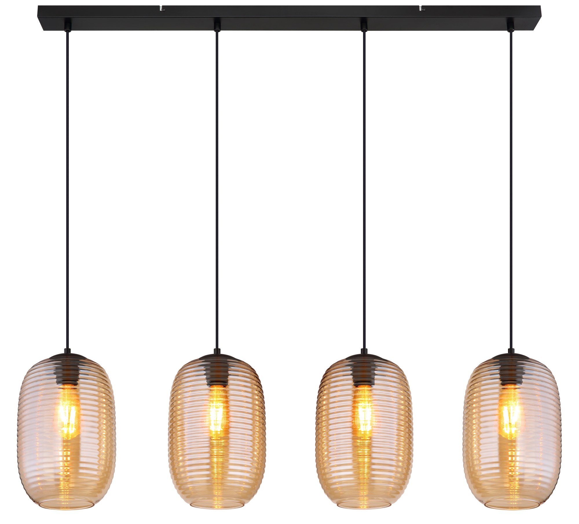 Suspension verre rainuré ambre ou fumé, 1, 3 ou 4 lumières suspension verre rainuré 4 lumières en ligne, vue de face sur fond blanc