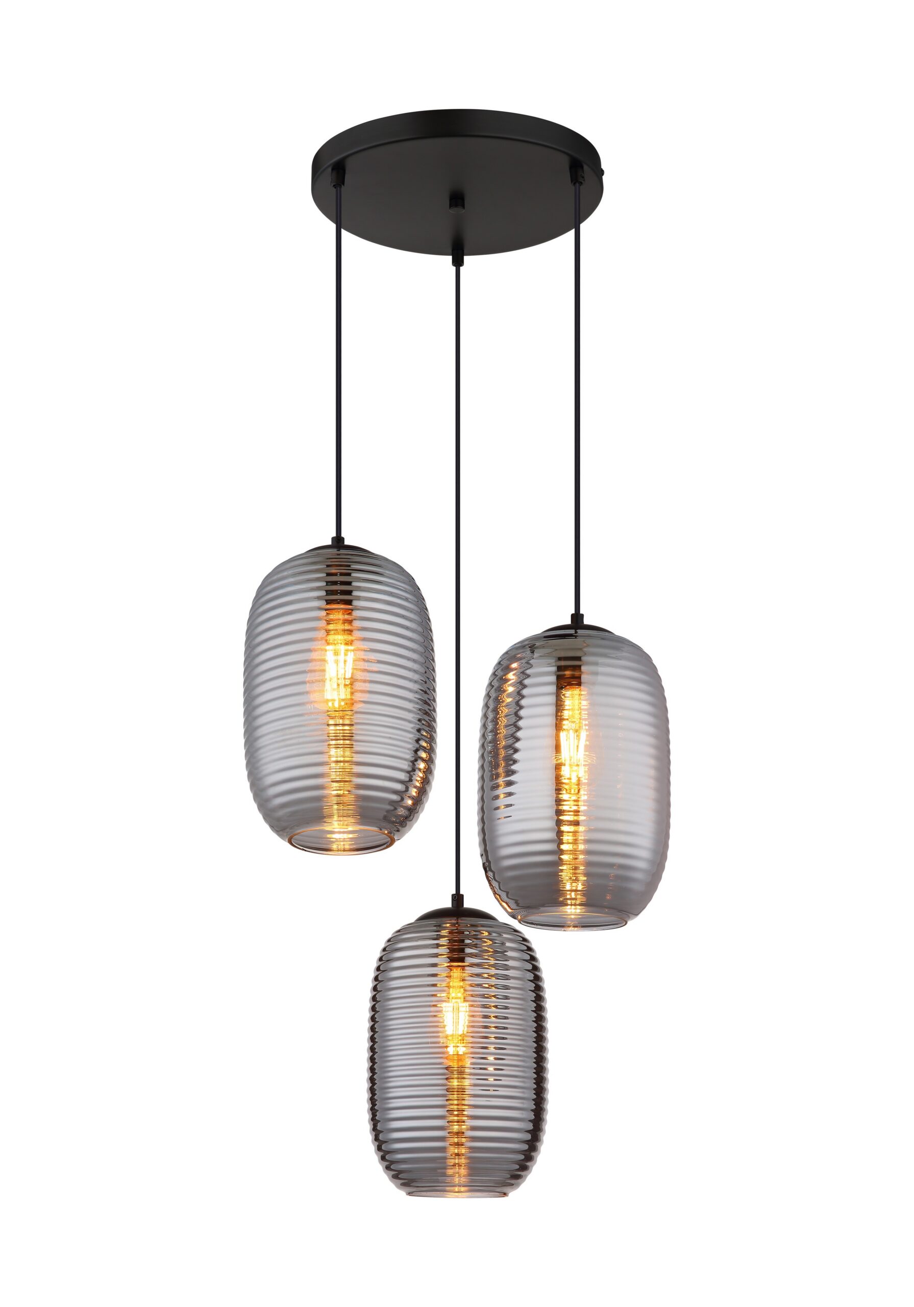 Suspension verre rainuré ambre ou fumé, 1, 3 ou 4 lumières suspension verre rainuré 3 lumières en cercle, verre fumé et platine noire, sur fond blanc