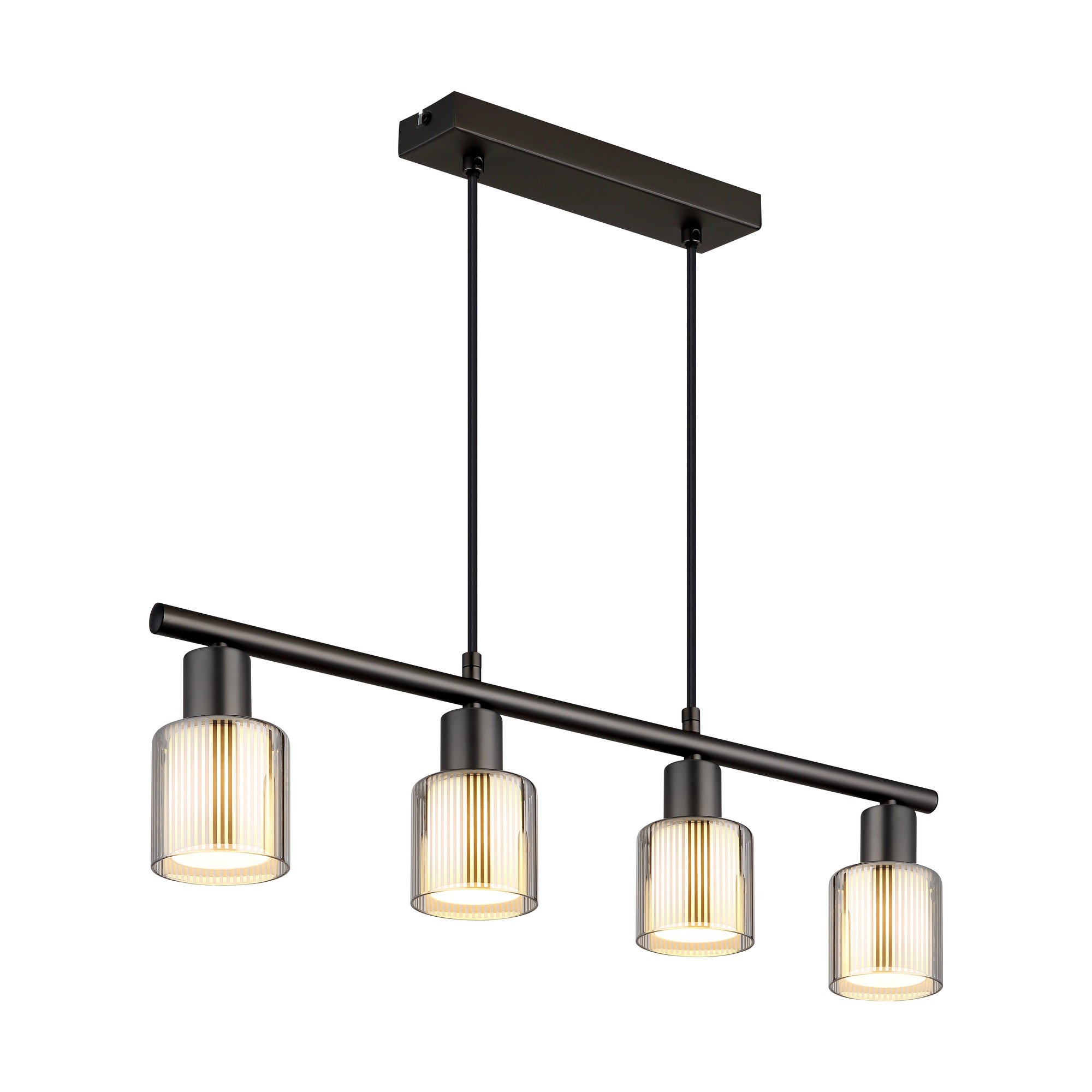 Suspension verre rayé gunmetal, 4 lumières E14 sur barre suspension verre rayé gunmetal 4 abat-jours en verre chromé rayé sur barre gunmetal, fond blanc