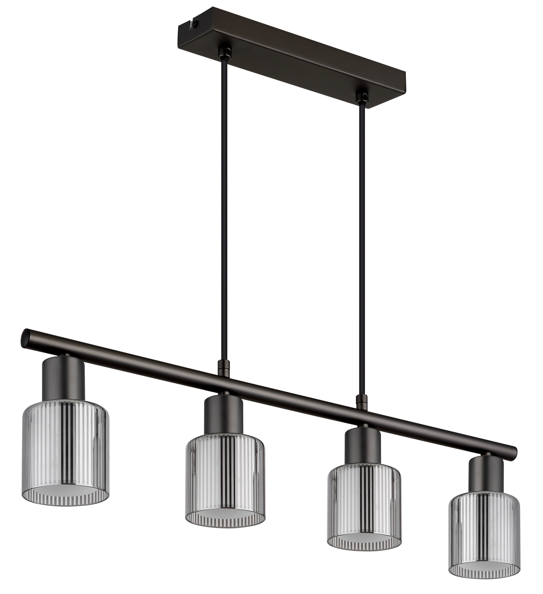 Suspension verre rayé gunmetal, 4 lumières E14 sur barre suspension verre rayé gunmetal éteinte, verre chromé rayé sur fond blanc