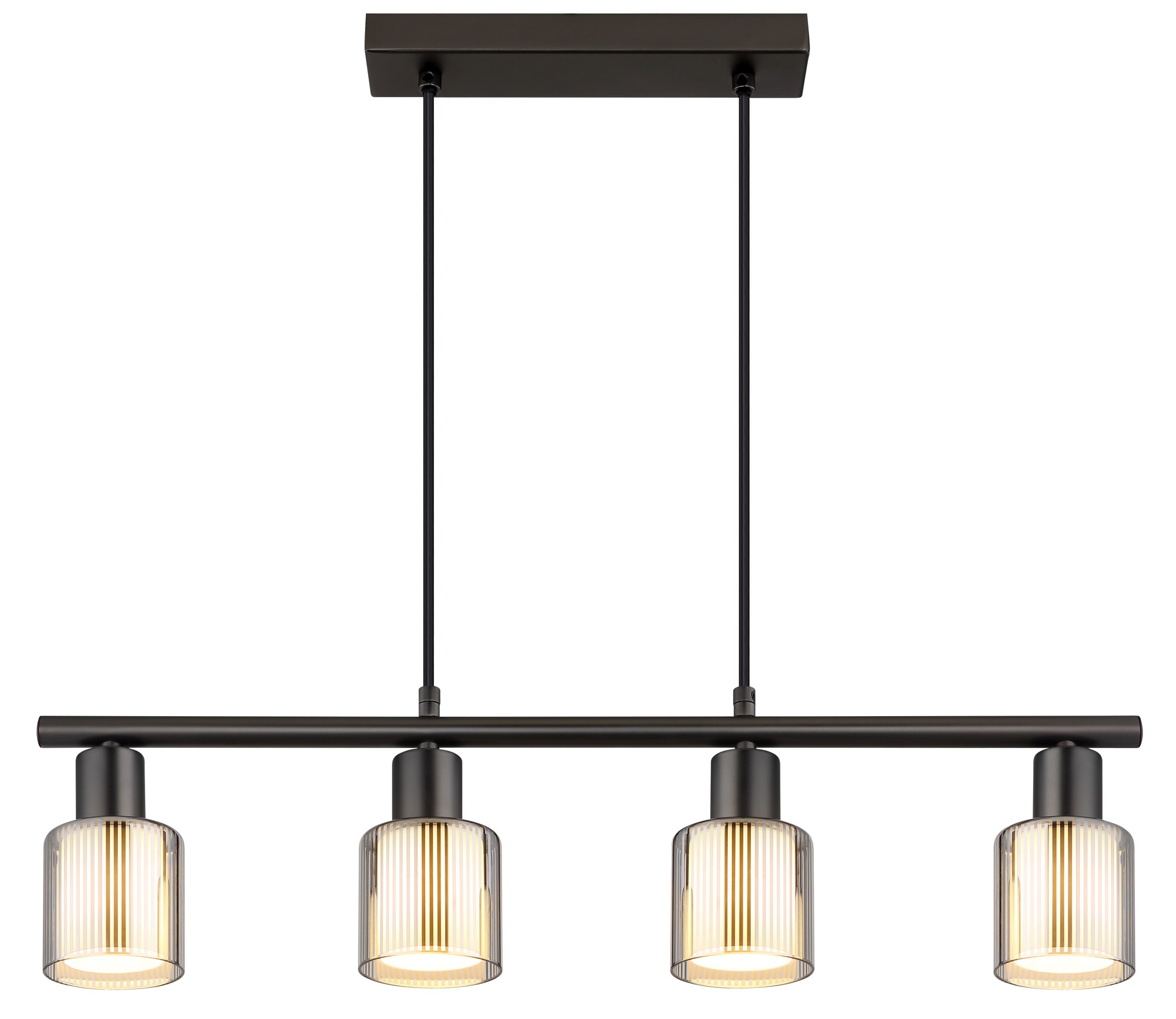 Suspension verre rayé gunmetal, 4 lumières E14 sur barre suspension verre rayé gunmetal vue de face sur fond blanc